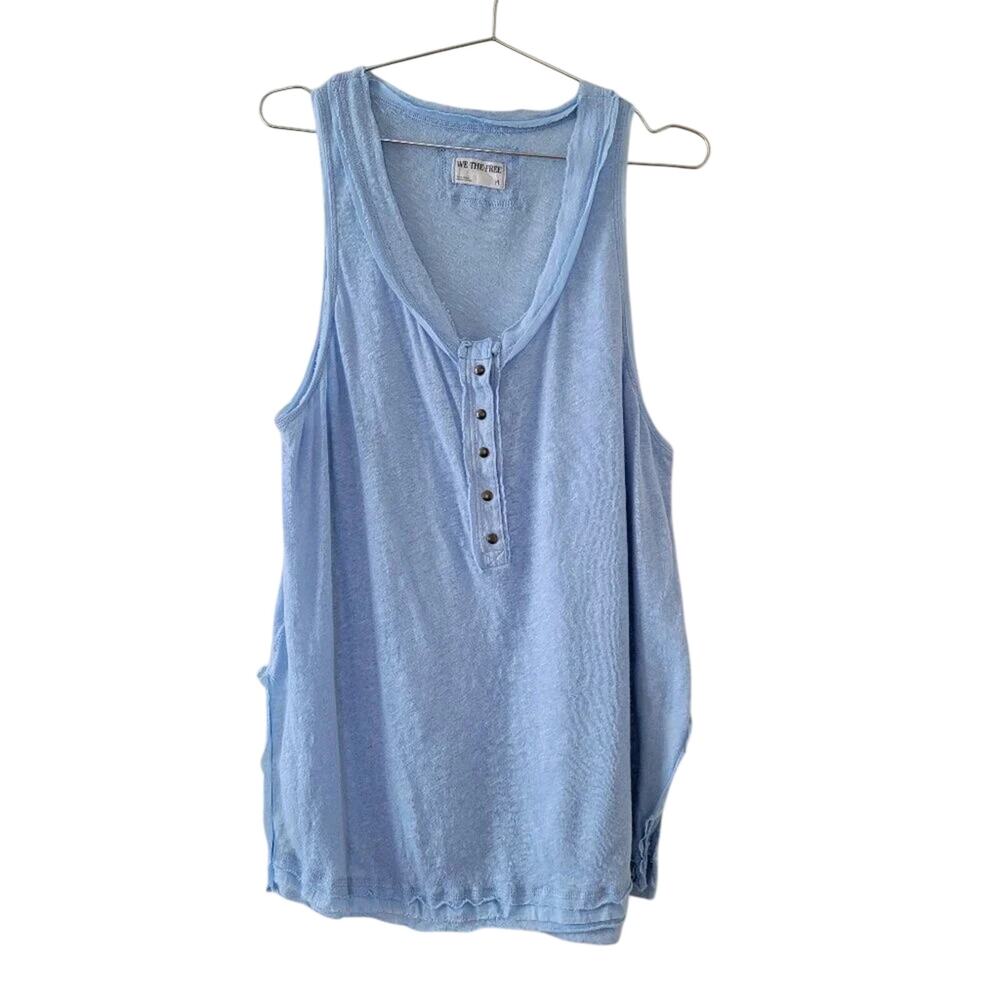 We The Free Love Language Scoop Neck Tank Top Light Blue Raw Edge Women Size M